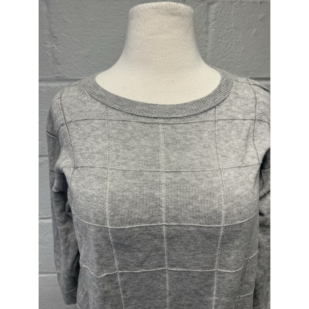 Lafayette 148 Gray Half Sleeve Sweater Medium Grid Pattern Cotton Wool Blend - Picture 3 of 11